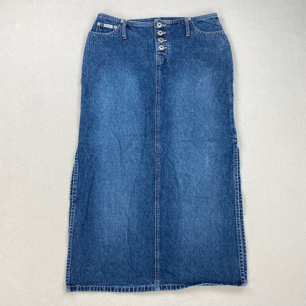 Vintage Denim Midi Skirt Size 10 31" Medium Wash Button Fly Side Slits Y2K